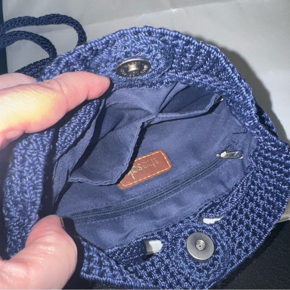 The Sak Knit Pouch or Crocheted Navy Blue Backpack snap closure - Picture 10 of 13